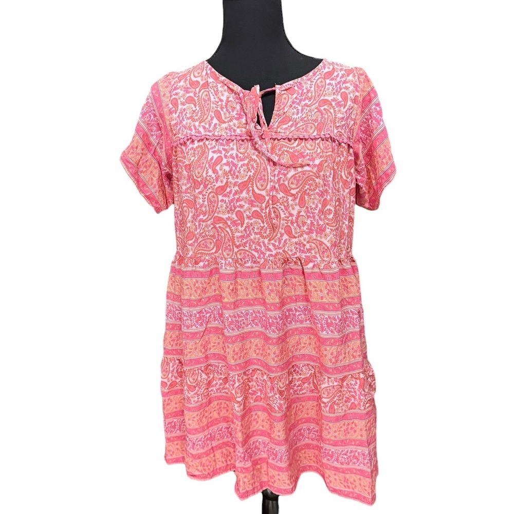 Umgee Pink Paisley Floral Tiered Boho Mini Dress Short Sleeve Womens‎ S